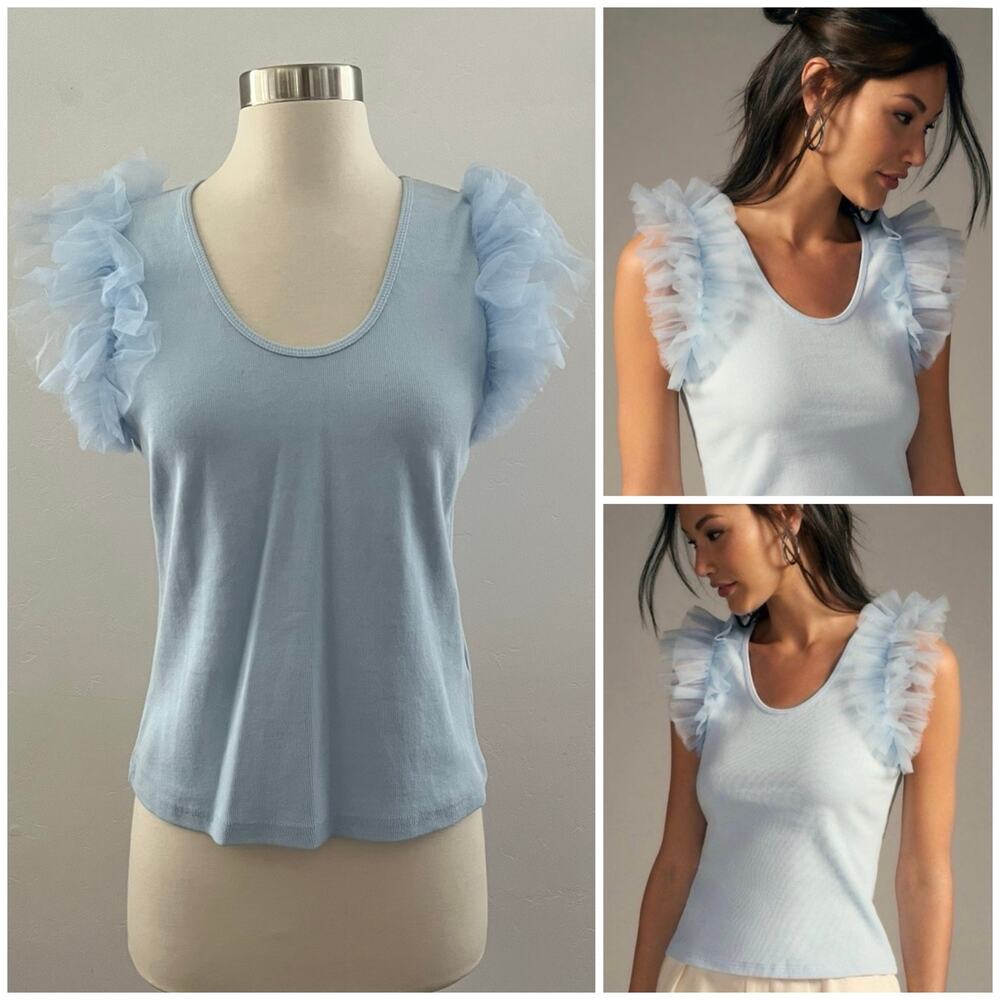 NEW Anthropologie Dolan Tulle Ruffle Sleeve Top Medium Blue Ribbed Fairycore